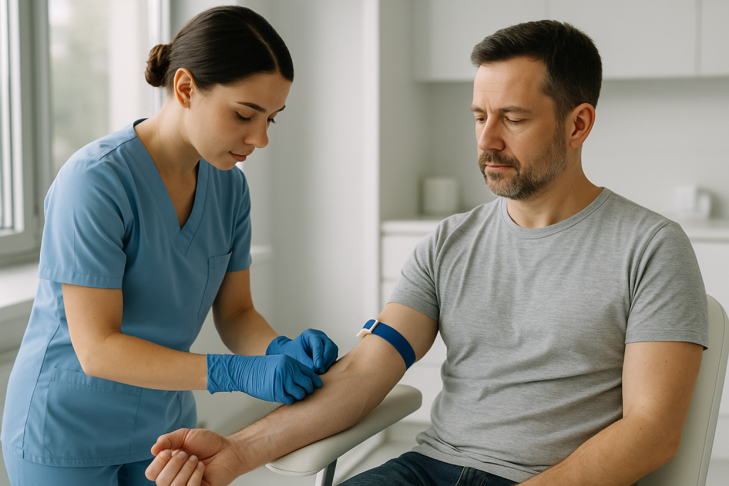 Infermiere që përgatit pacientin për analizë gjaku në klinikë